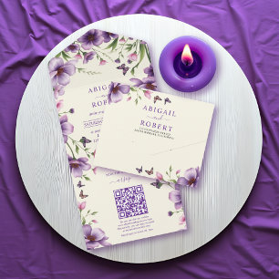 Invitation Tout En Un Bordure des fleurs violettes et mariage de code RS