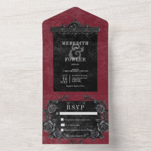 Invitation Tout En Un Bordure noire gothique 6 & Black Rose Vin Sans Dîn