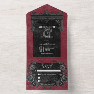 Invitation Tout En Un Bordure noire gothique 7 & Black Rose Vin Sans Dîn