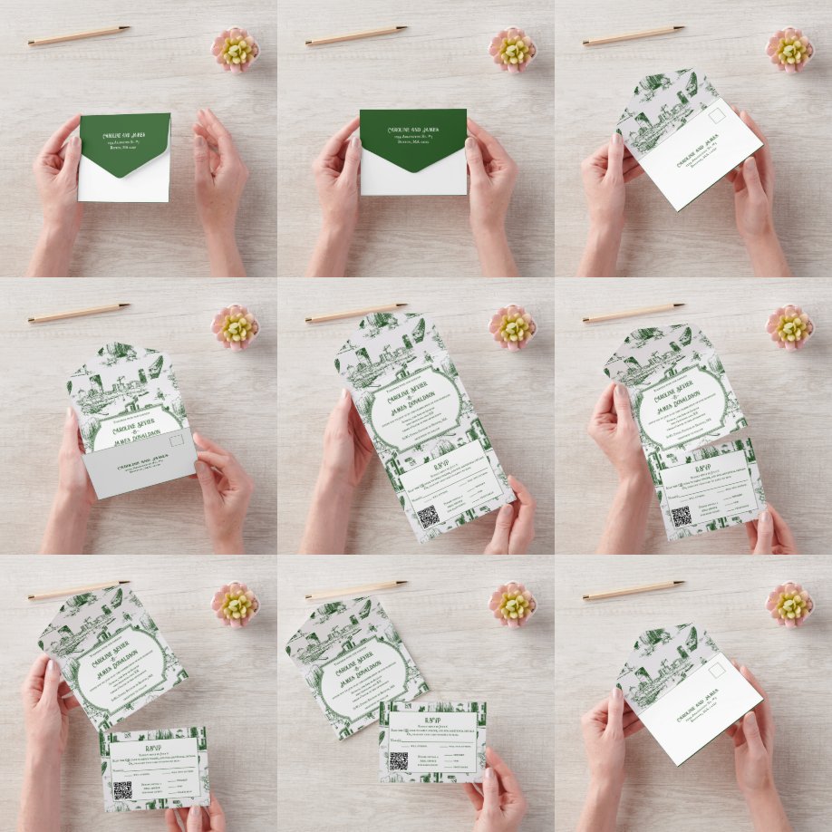 Invitation Tout En Un Boston Toile Forest Green AllinUn mariage Invitati