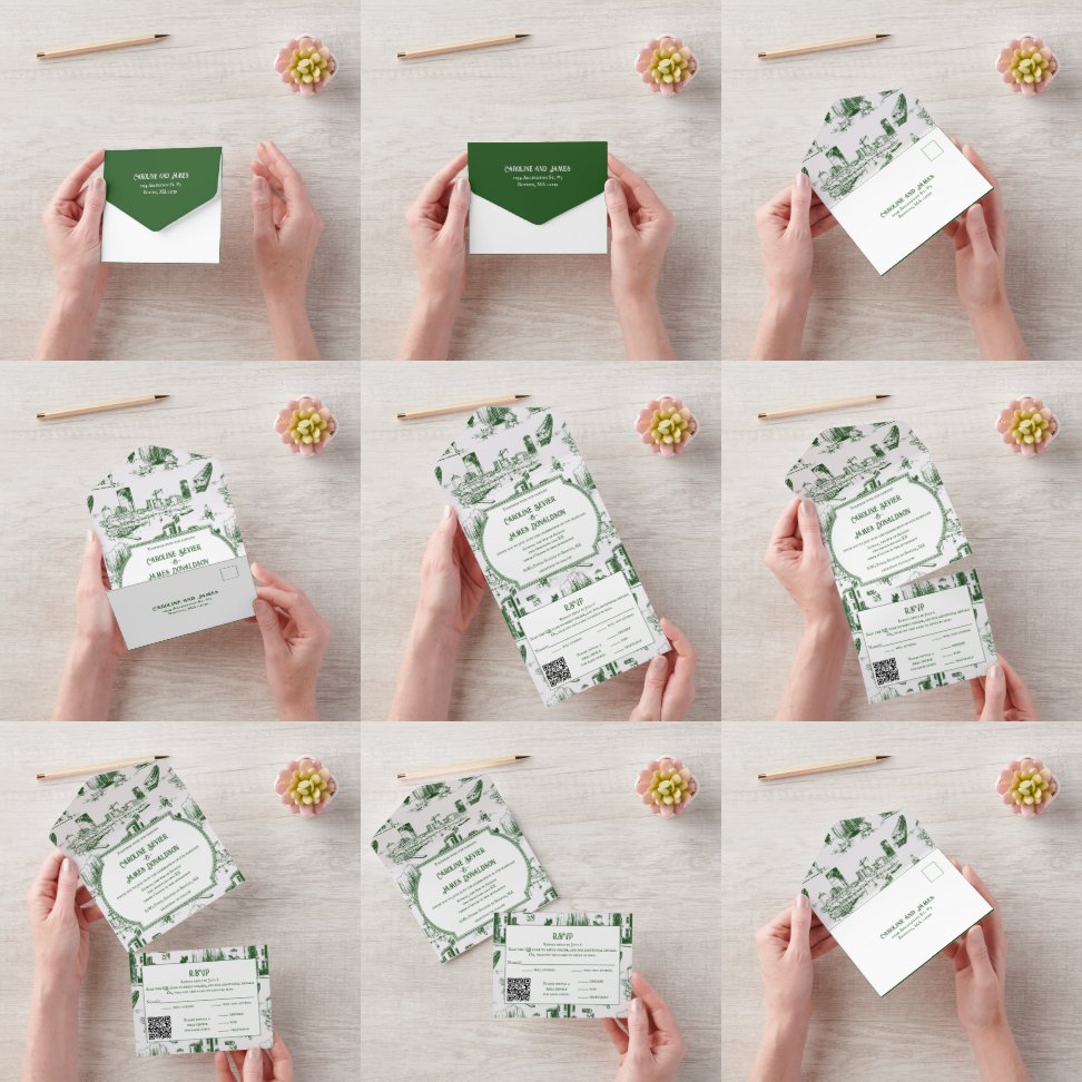 Invitation Tout En Un Boston Toile Forest Green AllinUn mariage Invitati