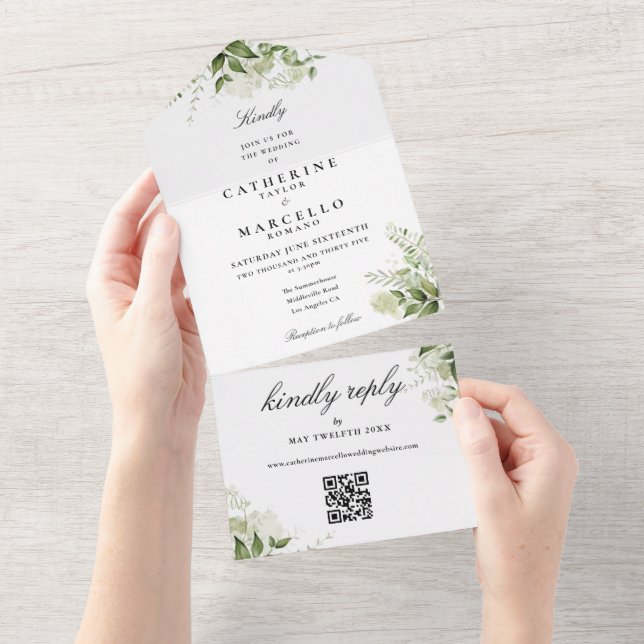 Invitation Tout En Un Botanical Floral Greenery QR Code Mariage (Déchirure)