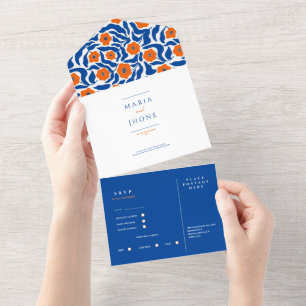 Invitation Tout En Un botanique abstrait bleu orange mariage RSVP tout-e