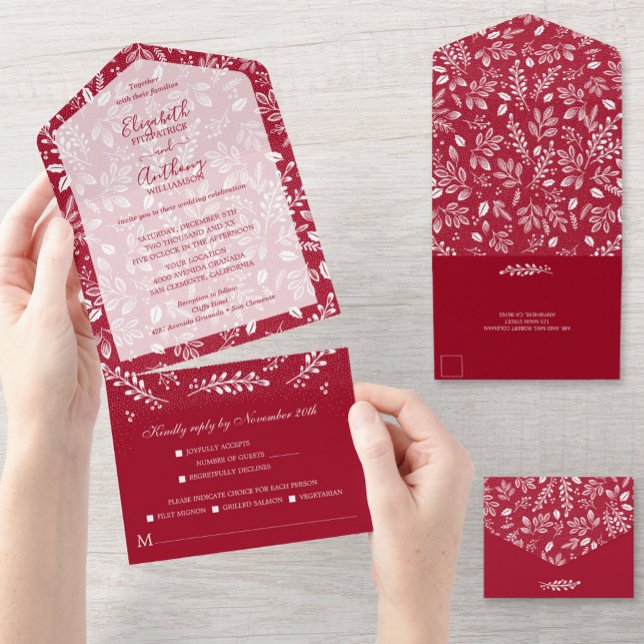 Invitation Tout En Un Botanique blanche sur Mariage de canneberge (Créateur téléchargé)