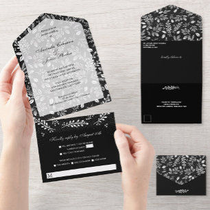 Invitation Tout En Un Botaniques blanches sur Mariage noir
