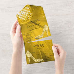 Invitation Tout En Un Boule Disco et talons or Quinceañera