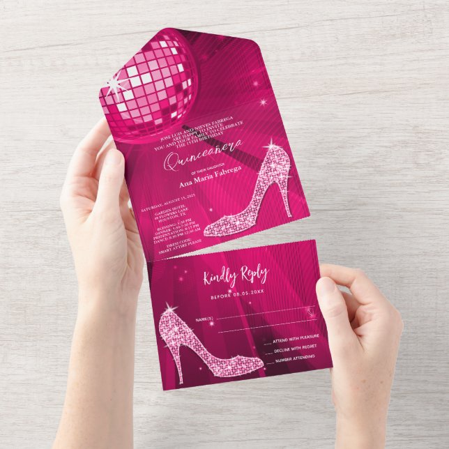 Invitation Tout En Un Boule Disco et talons Quinceañera rose (Déchirure)