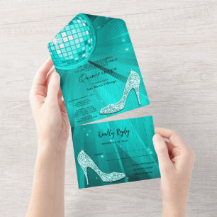 Invitation Tout En Un Boule Disco et talons Quinceañera Turquoise