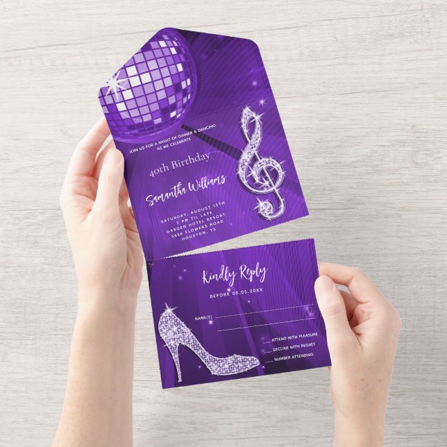 Invitation Tout En Un Boule Disco et talons violet Anniversaire (Déchirure)