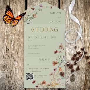 Invitation Tout En Un Bouquet de Fleur sauvage vert Sage moderne QR Code