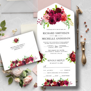 Invitation Tout En Un Bouquet de fleurs de Bourgogne rustique de mariage