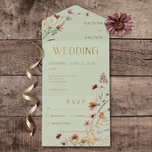 Invitation Tout En Un Bouquet de fleurs sauvages vert sauge moderne sans