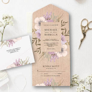 Invitation Tout En Un Bouquet de mariage floral mauve violet Burlap rust