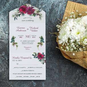Invitation Tout En Un Bouquet de mariage Rose de Noël Rouge Tout En Un