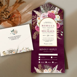 Invitation Tout En Un Bouquet de mariage rustique boho en fleurs de prun