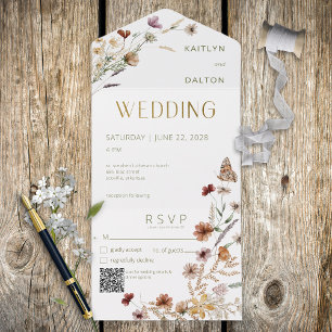 Invitation Tout En Un Bouquet Fleur sauvage blanc moderne QR Code