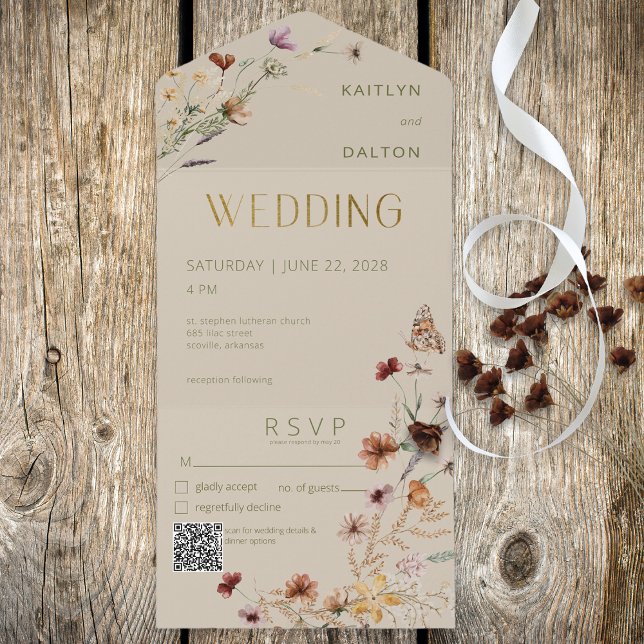 Invitation Tout En Un Bouquet Fleur sauvage Tan moderne QR Code (Créateur téléchargé)
