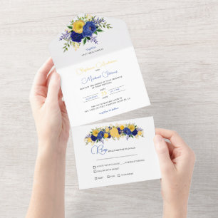 Invitation Tout En Un Bouquet floral marine et jaune