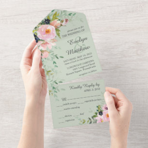 Invitation Tout En Un Bouquet floral rose poudré sur mariage vert sauge 