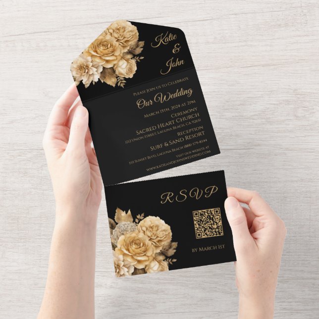 Invitation Tout En Un Bouquet-Mariage de fleurs neutres - Code QR (Déchirure)