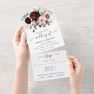 Invitation Tout En Un Bourgogne Berry et Floral blush