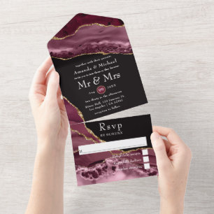 Invitation Tout En Un Bourgogne et Gold Agate Mariage en pierre