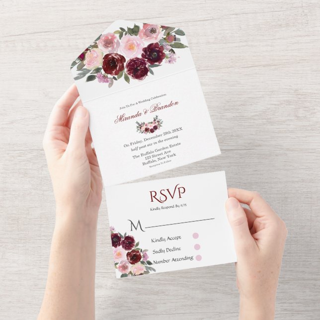 Invitation Tout En Un Bourgogne et rose vif Peony Mariage Tous (Déchirure)