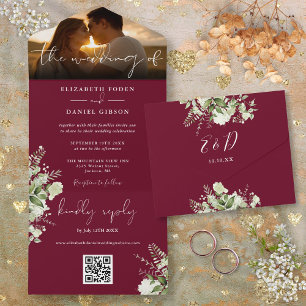 Invitation Tout En Un Bourgogne Floral Greenery QR Code Mariage Photo