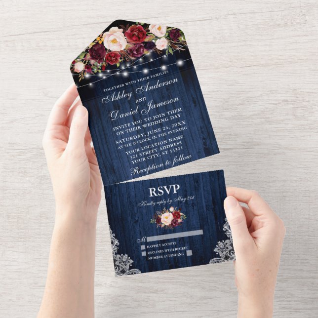 Invitation Tout En Un Bourgogne Floral Lumières dentelle Mariage en bois (Déchirure)