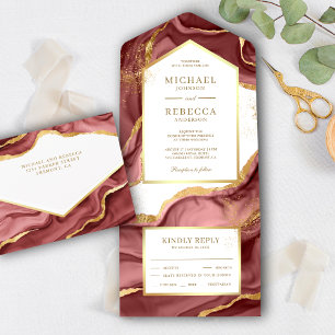 Invitation Tout En Un Bourgogne Gold Foil Abstrait Fluid Ink Mariage