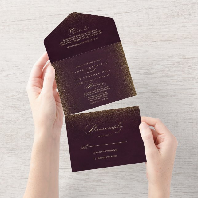 Invitation Tout En Un  Bourgogne Gold Parties scintillant Calligraphie   (Déchirure)