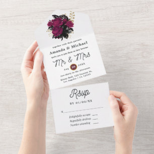 Invitation Tout En Un Bourgogne - Mariage floral Marsala et Or