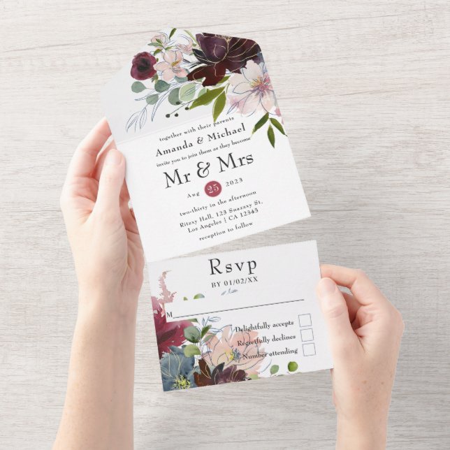 Invitation Tout En Un Bourgogne, Marine et Blush FlorMariage (Déchirure)