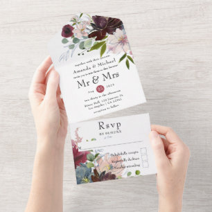 Invitation Tout En Un Bourgogne, Marine et Blush FlorMariage