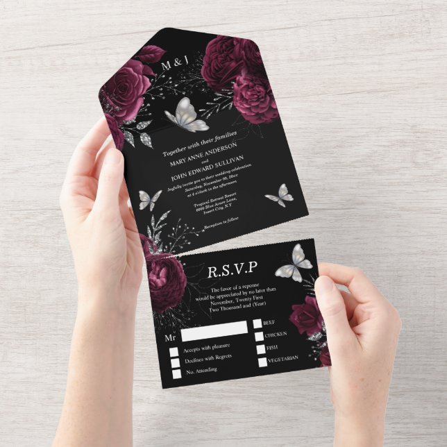 Invitation Tout En Un Bourgogne noir argent rose élégant papillon glam  (Déchirure)