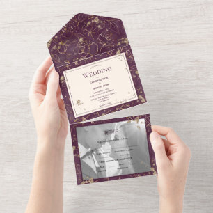 Invitation Tout En Un Bourgogne Or Moderne Photo Mariage