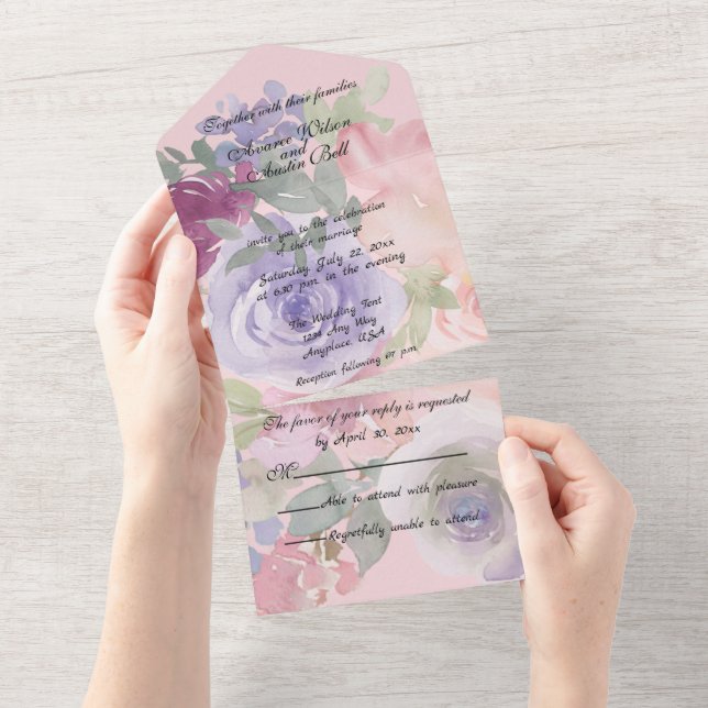 Invitation Tout En Un Bourgogne rose et floral aquarelle bleu (Déchirure)