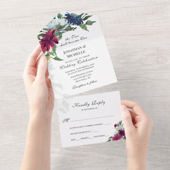 Invitation Tout En Un Bourgogne Rouge Blanc Bleu Floral Mariage chrétien (Déchirure)