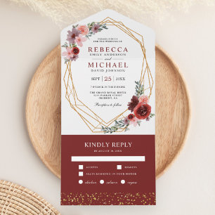 Invitation Tout En Un Bourgogne Rouge Blush rose Floral Mariage