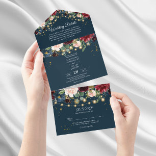Invitation Tout En Un Bourgogne rustique, fleurs et lumières bleu marine