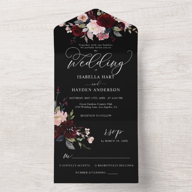 Invitation Tout En Un Bourgogne Sombre Moody Floral Noir Élégant Mariage (À l'intérieur)
