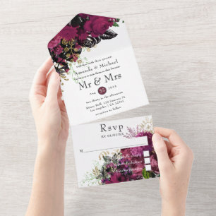 Invitation Tout En Un Bourgogne vintage - mariage Marsala et Or