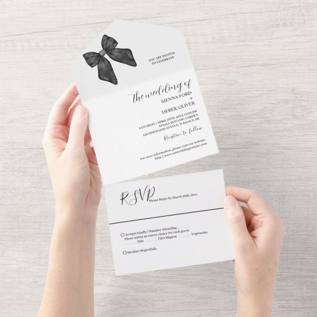 Invitation Tout En Un Bow classique noir et blanc Mariage (Déchirure)