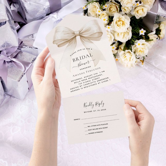 Invitation Tout En Un Bow crème beige Fête des mariées rsvp (Créateur téléchargé)
