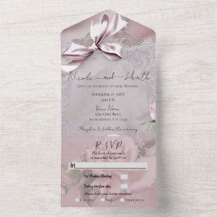 Invitation Tout En Un Bow en satin rose vif et Rose Mariage romantique P