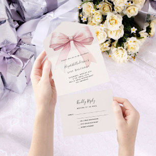 Invitation Tout En Un Bow rose beige crème anniversaire rsvp