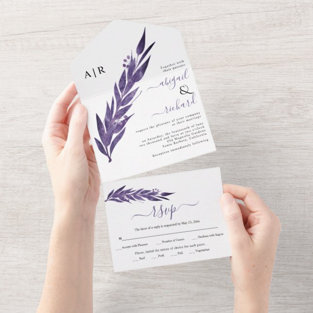 Invitation Tout En Un Branche Eucalyptus couleur violet foncé mariage d' (Déchirure)