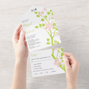 Invitation Tout En Un Branche verte et rose de chaux avec fleurs mariage