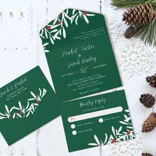 Invitation Tout En Un Branches blanches et baies Mariage de Noël Vert