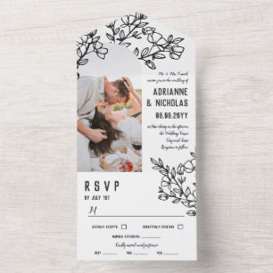 Invitation Tout En Un Branches en floraison noir blanc Mariage photo